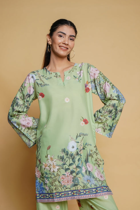 Aarti in Printkari Poly Muslin Co-ord set in Green